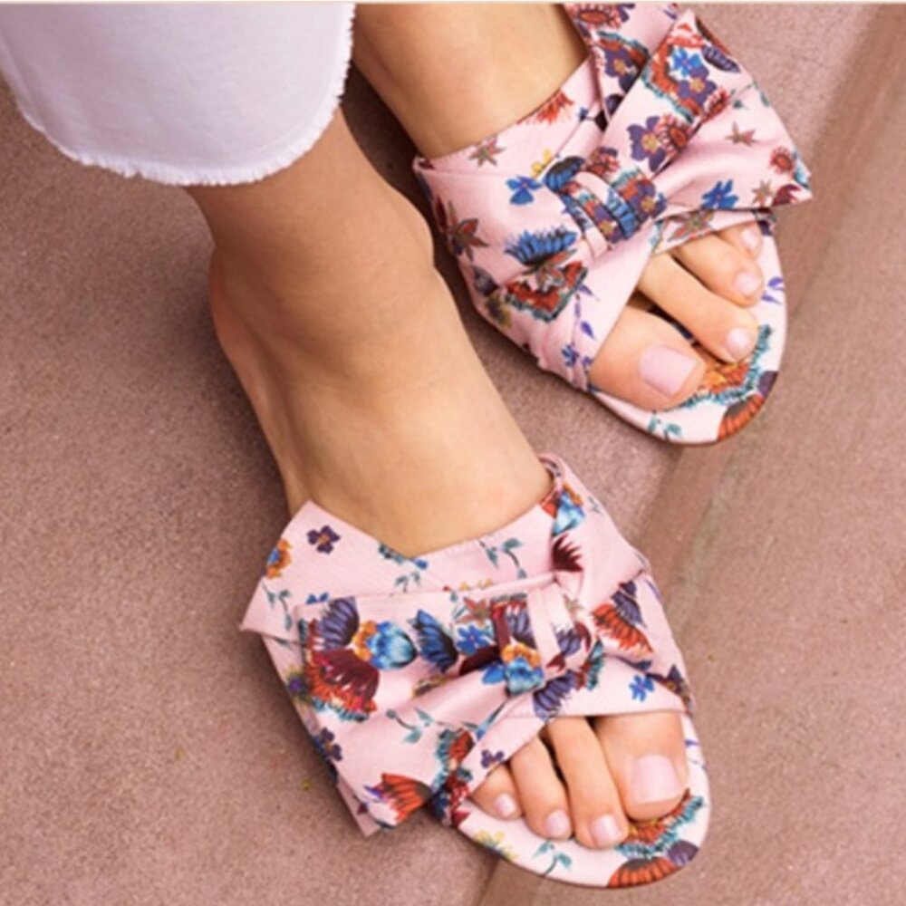 Rebecca Minkoff Calista Floral Millennial Pink Multicolor Bow Slide Sandals